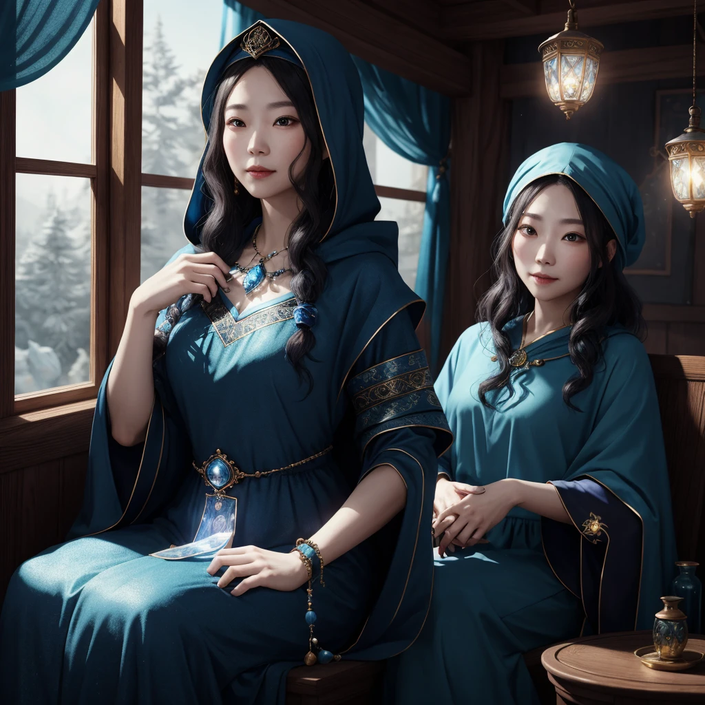 Overall body orientation: True Face. Female fortune teller. Charming, beautiful and mysterious .  she wears a blue cloak on her head and 、The face is clear 。 her chest is slightly visible 、Captivating Bust。. The background is bright and sparkling.  The atmosphere is full of anxiety and anticipation . The fortune teller is sitting .  she holds crystal balls in both hands . The lighting in the room is bright,  creates a great atmosphere .   best image quality, 4K or 8K resolution. Extremely fine detail、It&#39;s as real as a photo. with bright colors and strong contrasts、 it must be an artistic style that reflects the aesthetics of the mathematical formula .  talking about fortune telling results The color must emphasize the mystical and mystical theme of the work. The fortune teller's cloak 、 adorned with metal edging and intricate designs , Thickness ratio is 1. The overall vibe is fantastic .  The fortune teller's expression should arouse mystical interest .  there is no one but the fortune teller . fortune telling results