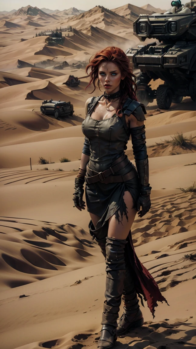 A hyperrealistic image at a high angle of: ((A sexy pale-skinned woman, with dreadlocks and green eyes, wears sexy, post-apocalyptic clothes in the style of Mad Max, torn and with a large neckline, scrap metal black armor, wear dreadlocks with black and metallic thorn beads)), (Long messy red hair, dirty), with gothic makeup, wide black running eye shadow, standing in the desert on the dunes, proud, Pride, canosa, athletic and scarred body, disheveled red hair with dreadlocks and black metal beads and spikes. she is standing next to her battle car like Furiosa from the Mad Max saga, auto robusto oxidado y dirty lleno de picos y armas, desolate desert landscape. She is standing walking through the dunes of the post-apocalyptic desert, raytraced, wind, desolate and desert landscape, (Aesthetics and atmosphere:1.2), can, annoyed, vengeful, glowing red eyes like flames，Wide shot,  full body. (raw photo, mejor calidad), ( realistic , photo- realistic :1.3),  Masterpiece, an extremely perfect and beautiful fully tattooed body, extremely detailed pale body, Best quality score, ultra dynamic pose, close up, high view, desertic and dark atmosphere, hate pose, fist clenched in anger,  decertic dunes, fist clenched in anger, barbed wire.