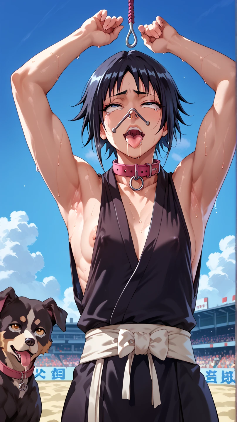 a picture, inspired by Kentaro Miura, trending on pixiv, soifon from bleach, black uniform, favorite scene, fine details, skins, sweating, small breasts, both hands raised, armpits, (small head),armpits visible, dripping with sweat, more more sweat, ((Japanese clothes)),open mouth,rolling eyes,muscle,kneel down,open legs,For the audience, (muscle:1.2),Looking at the audience, tired, (small breasts),sexy body,perfect body,(drooling), tears, head wet, runny nose, black hair, (dog collar) ,transparent nose hook, tentacle in  mouth. 