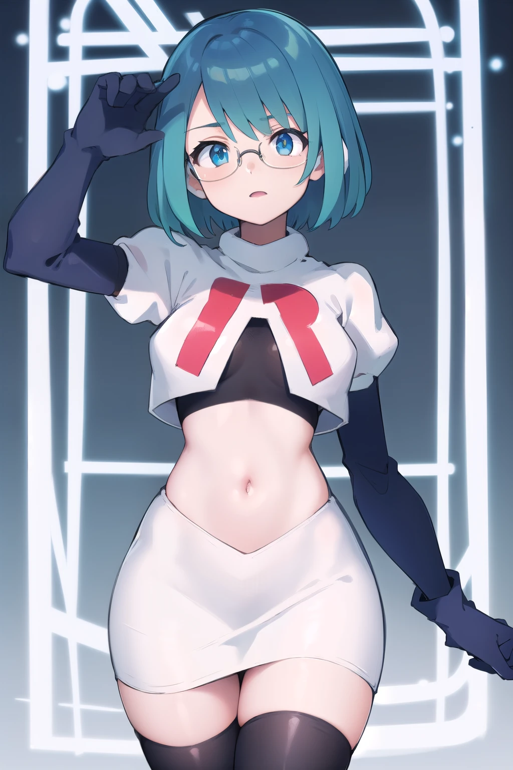 rico_megamanxdive, 1girl, solo, blue eyes, short hair, blue hair, android, glasses, team rocket,team rocket uniform,white skirt,red letter R,crop top,black thigh-highs,black elbow gloves, masterpiece, high quality,