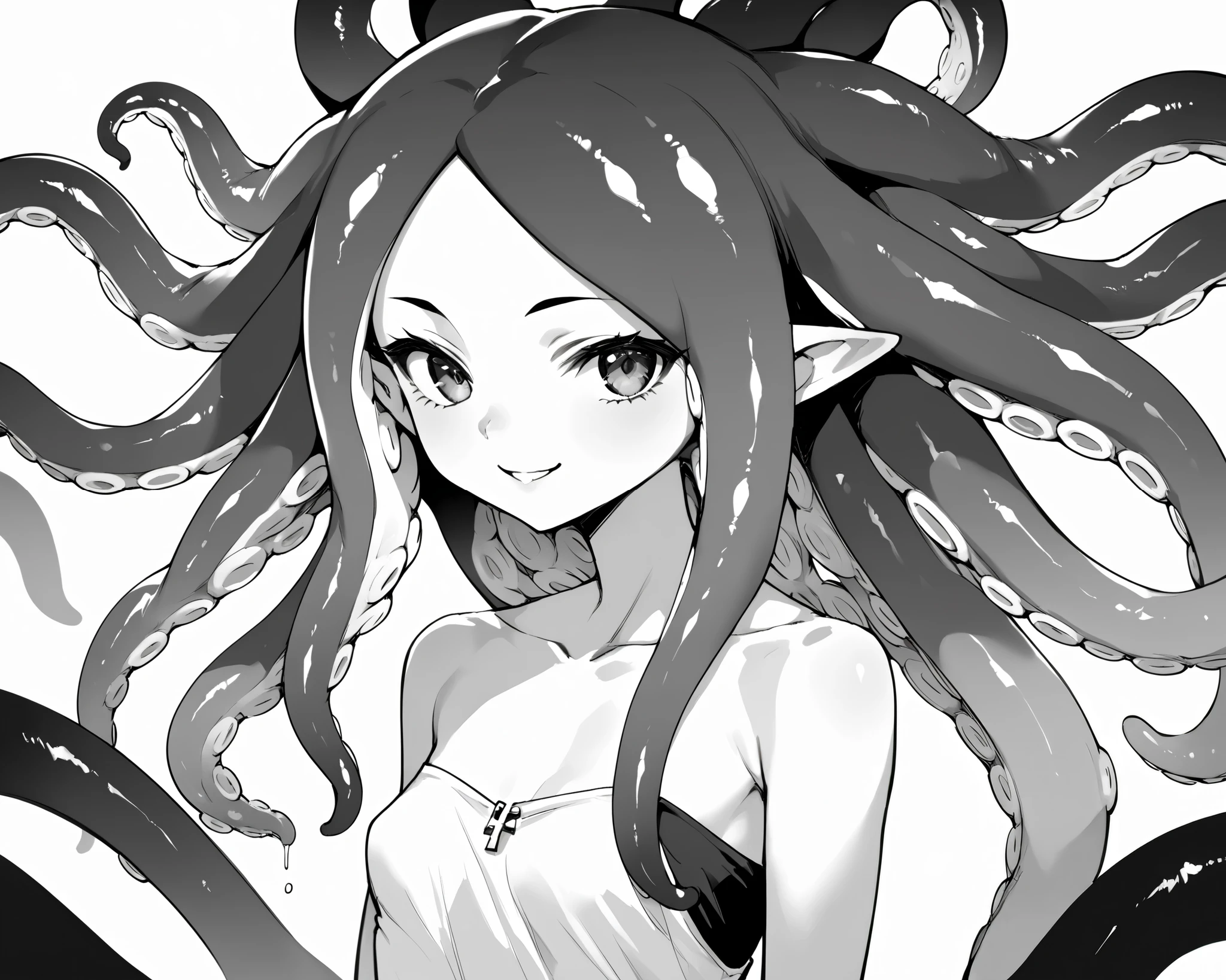 score_9_up, score_8_up, score_7_up, solo, source_anime, 1girl, (squid girl), tentacle hair, (monochrome, lineart) BREAK
Tentacle hair, forehead, long hair, small breasts, pointy ears BREAK
Dress, bare shoulders, strapless, sleeveless, collarbone BREAK
White background, simple background, open, smile, looking at viewer BREAK