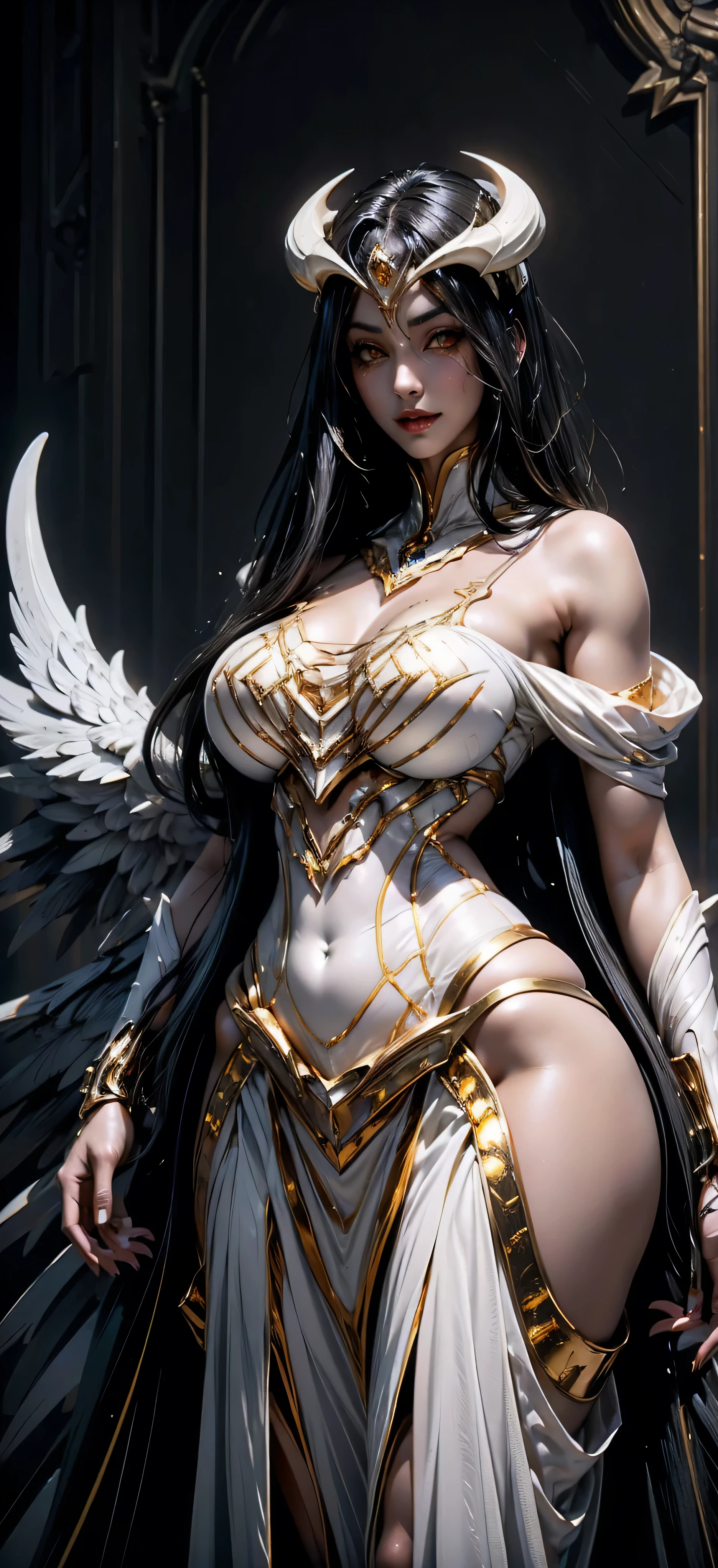 A (super realistic) beautiful sexy woman(albedo _overlord) with (glossy orange eyes) and white attire(detailed with perfect sharpness ) with gold jewellery on sexy breast, beautiful breast(perfect shape and size), black long beautiful hair, hyper detailed black wings (every thing with best detailing), best pose while standing straight with seducing smile on face in middle, wallpaper pose.