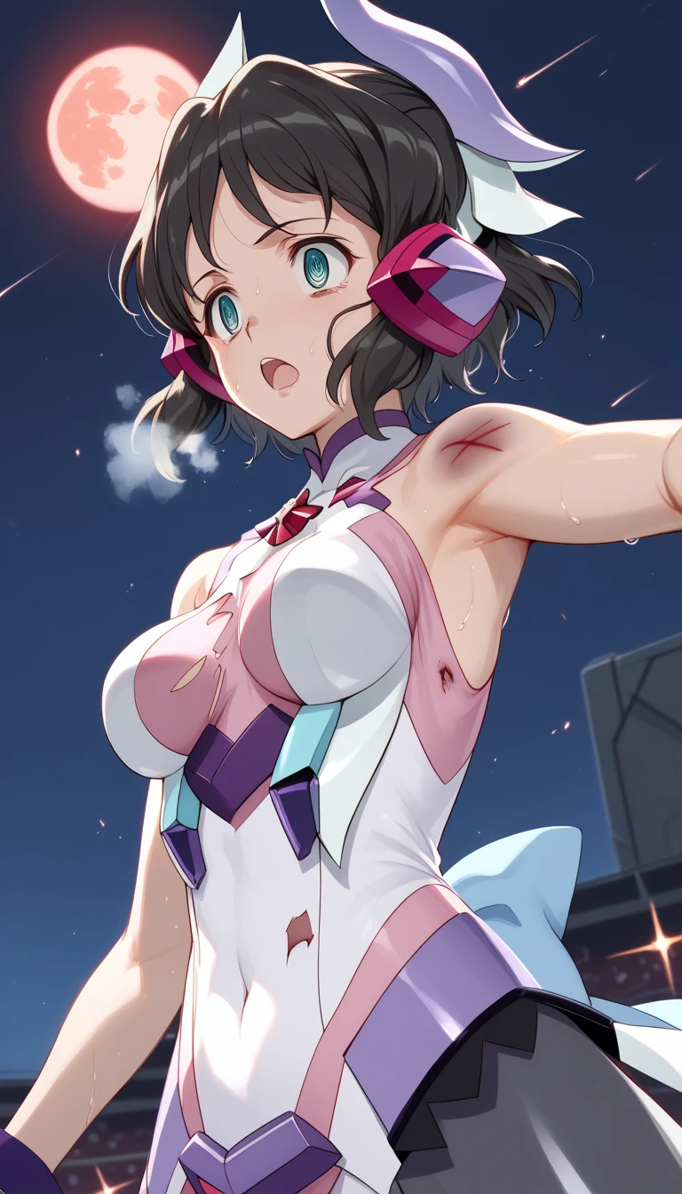  top quality ,  soft light during the cruise,  super high res,  cute, Beautiful face in every detail , high resolution details of human skin texture, shiny skin,sweat,Heat, white breath ,Take a deep breath,Kohinata Mirai , black hair, battle costume,Outdoor Arena,Ready,Big eyes, Symphogear ,armed gear , open mouth ,Fighting pose,bruised body, hair ornament, torn clothes ,Short Hair, hollow eyes,Shooting beams,whole body,From below, Look Down,Pitch black sky,night,Red Moon,murderous eyes,Cold Eyes