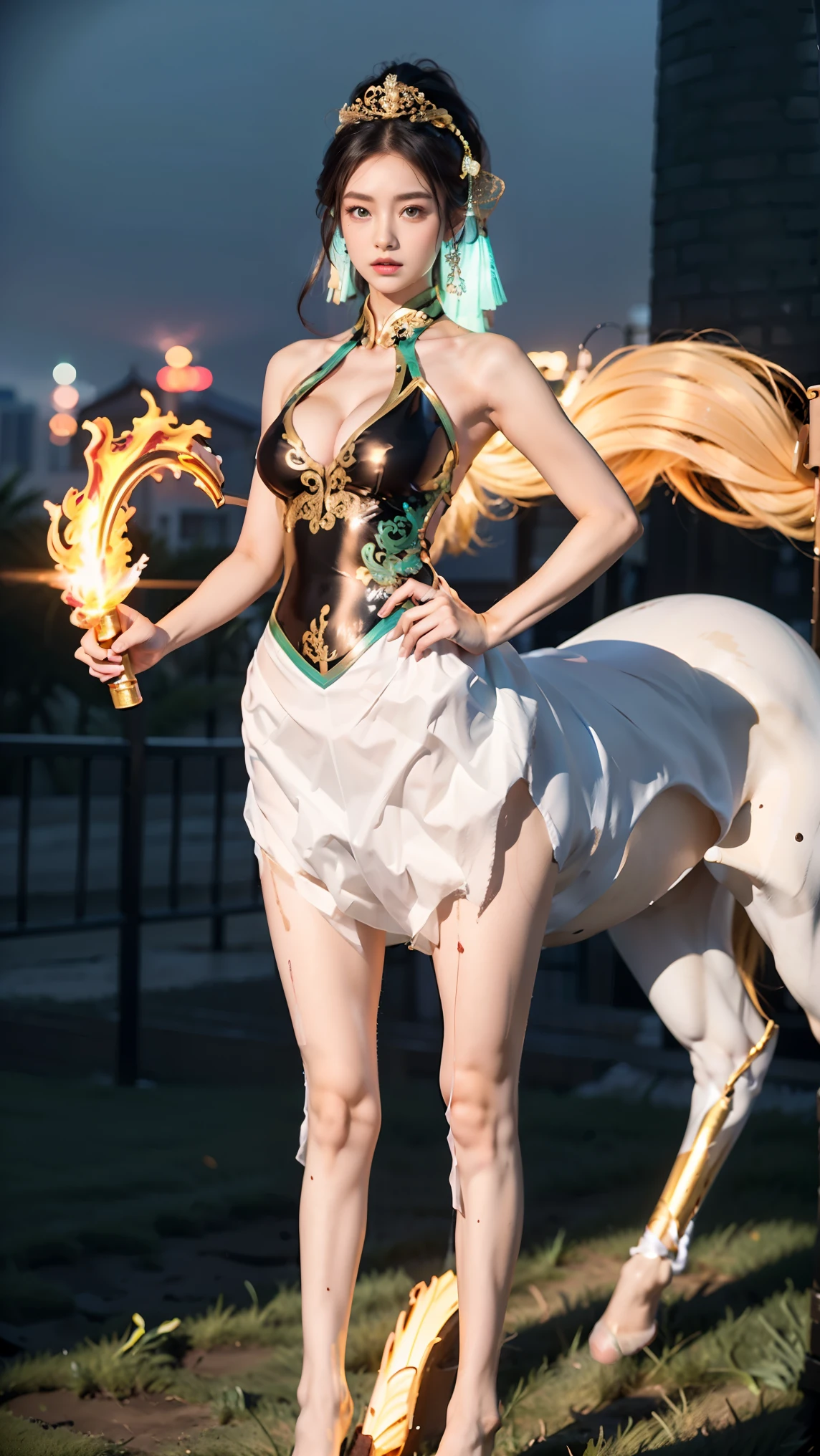 , perfect integration, seamless nesting, and precise connections(Centaur,Centaur,Centaur:1.6), Biological Perfection 、 Medical Beauty Skin 、 Classical Aesthetic Posture Adjustment and Shaping , golden ratio body ,Beauty,Tear mole,( Super Teardrop Chest 1 .8), narrow ribs , Slim Waist ,Vacuum Belly , long body , extra long legs , ultra-low body fat percentage ,Perfect muscle lines。超级Dynamic,Smooth movement , Elegant Posture ,streamline、 Aerodynamic Wings , long whip put away , Illusory Aura ,Chic,Dynamic,New Chinese ornate costume , Sparkling Fire Crystal Foot Rings , neon shine , Perfectly blended with seamlessly nested superdepth of field and super wide-angle giant body background。 Master Composition , Clean Picture , bright color ,hdr,(Super real, super detailed,Super complex,Super-sharp , super high quality output),( cybermecha centaur 、Implicit 、 Conceals Mysterious Temple Level Sexual Tension :1.8),<centaur concept>,