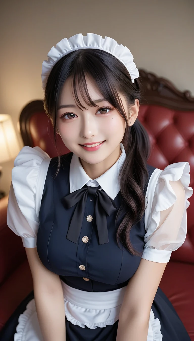 Detailed image of a young female character standing in a grand hall lined with marble columns。She has short, wavy blue hair、Has side fringe、Adorned with a white frilly headband and blue ribbon。Big blue eyes are kind、He has a slightly sad expression、There is a slight redness on the cheeks。She is wearing a classic maid outfit.、In a black puff sleeve dress、White apron with lace trim、And a blue ribbon on the neckline.。The apron has gold teardrop decorations.、It is secured by a thin gold chain。She is holding the skirt of her dress with one hand、It is lifted a little、Her other hand is delicately placed to touch the ribbon on her chest.。In the background there is a blurred white decorative building.、The soft, indirect lighting creates a calm and elegant atmosphere.。smile、Large Breasts、