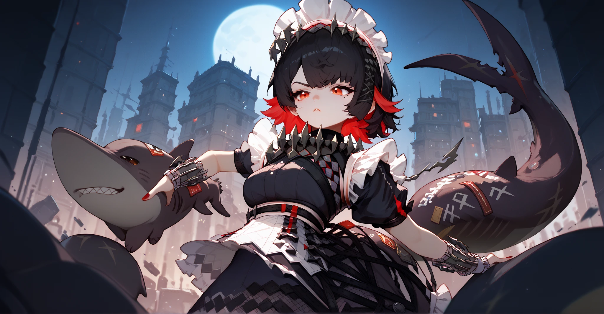  ugly joe  (  zenless zone zero ), black hair with Red Hair, Red Hair,  red eyes, Red nails, Shark Tail,  black tail ,  Maid Dress,  Future City,   knight , moon