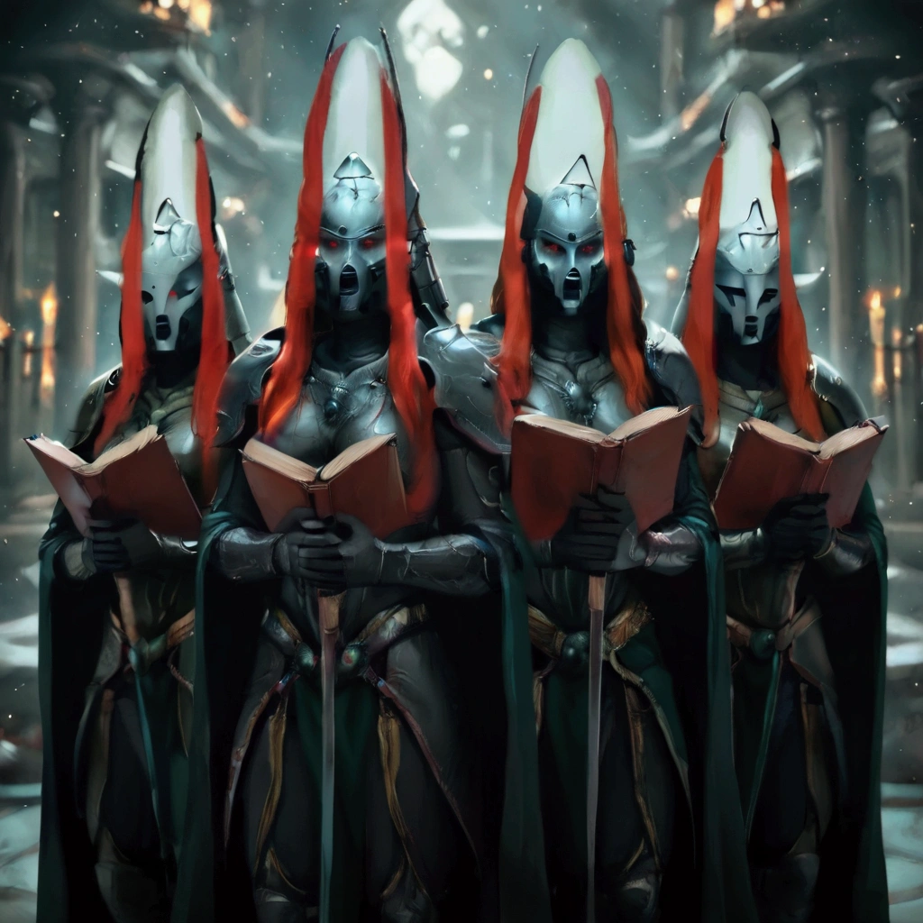 4girls, eldar, redhead, white armor, helmet:1.5, howling banshee, rune, obscured face, mask, Aeldari armor, streamlined armor, full body armor, power armor, helmet, red eyes, glowing eyes 