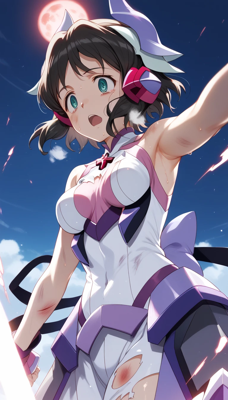  top quality ,  soft light during the cruise,  super high res,  cute, Beautiful face in every detail , high resolution details of human skin texture, shiny skin,sweat,Heat, white breath ,Take a deep breath,Kohinata Mirai , black hair, battle costume,Outdoor Arena,Ready,Big eyes, Symphogear ,armed gear , open mouth ,Fighting pose,bruised body, hair ornament, torn clothes ,Short Hair, hollow eyes,Shooting beams,whole body,From below, look down at me,Pitch black sky,night,Red Moon,murderous eyes,Cold Eyes