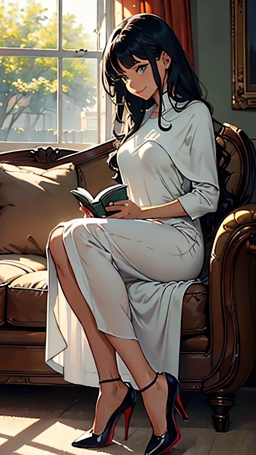 ((masterpiece, high resolution, better quality, better details)), ((Smiling)), ((one girl)) a girl speaking on the phone at a desk, full body, wearing a button-up blouse and wide-leg trousers, ((Louboutin high heels)), visible high heels, green eyes, ((black hair, long hair)), shiny skin, ((behind view)), solo, from behind, full body, focus full body, business casual, surrounded by office supplies