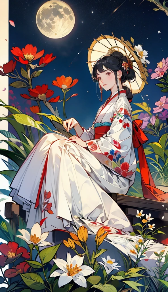 best quality, high_resolution, distinct_image, detailed background ,girl, hanbok,flower,garden,moon, night,