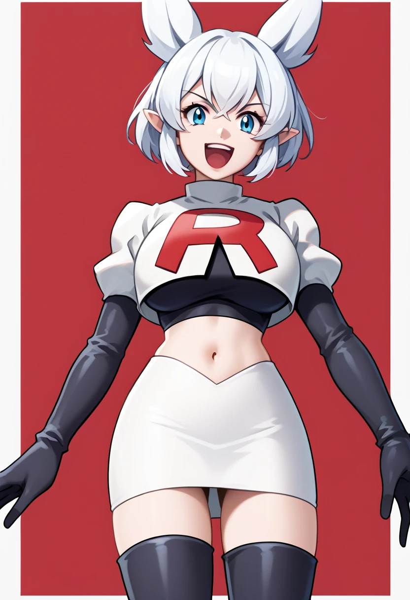 score_9, score_8_up, score_7_up, source_anime, solo, 1girl, lv2fenrys, happy, looking at viewer, open mouth, white hair, animal ears, pointy ears, team rocket,team rocket uniform,white skirt,red letter R,crop top,black thigh-highs,black elbow gloves, large breasts,  