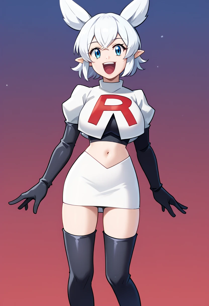 score_9, score_8_up, score_7_up, source_anime, solo, 1girl, lv2fenrys, happy, looking at viewer, open mouth, white hair, animal ears, pointy ears, team rocket,team rocket uniform,white skirt,red letter R,crop top,black thigh-highs,black elbow gloves, large breasts,  