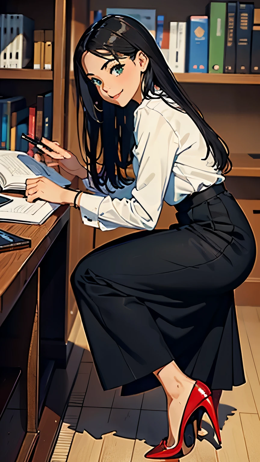 ((masterpiece, high resolution, better quality, better details)), ((Smiling)), ((one girl)) a girl speaking on the phone at a desk, full body, wearing a button-up blouse and wide-leg trousers, ((Louboutin high heels)), visible high heels, green eyes, ((black hair, long hair)), shiny skin, ((behind view)), solo, from behind, full body, focus full body, business casual, surrounded by office supplies