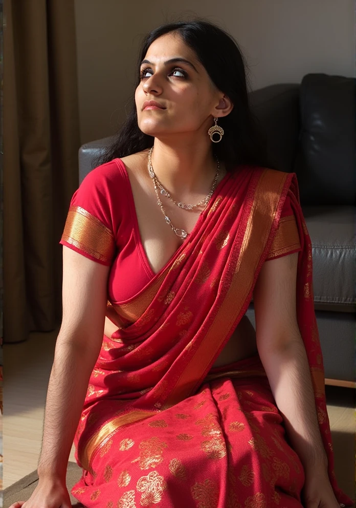 a mature adult actress she wearing a indian saree,kneeling in front of the viewer,shadow of a penis over her face, she gazes up at the penis in awe, detailed facial features, photorealistic, dramatic lighting, high quality, 8k, hyper detailed, masterpiece.