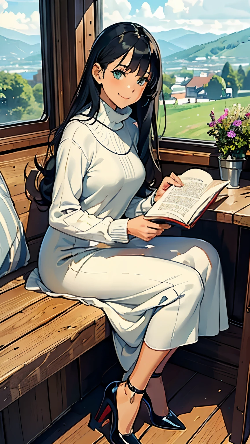 ((masterpiece, high resolution, better quality, better details)), ((Smiling)), ((one girl)) a girl speaking on the phone at a desk, full body, wearing a button-up blouse and wide-leg trousers, ((Louboutin high heels)), visible high heels, green eyes, ((black hair, long hair)), shiny skin, ((behind view)), solo, from behind, full body, focus full body, business casual, surrounded by office supplies