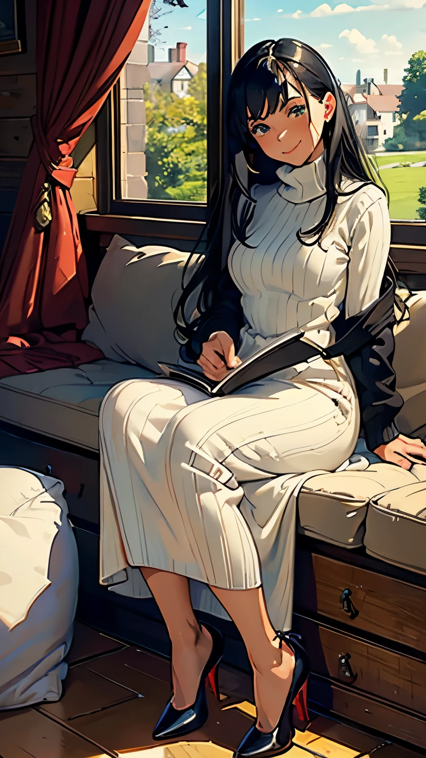 ((masterpiece, high resolution, better quality, better details)), ((Smiling)), ((one girl)) a girl speaking on the phone at a desk, full body, wearing a button-up blouse and wide-leg trousers, ((Louboutin high heels)), visible high heels, green eyes, ((black hair, long hair)), shiny skin, ((behind view)), solo, from behind, full body, focus full body, business casual, surrounded by office supplies