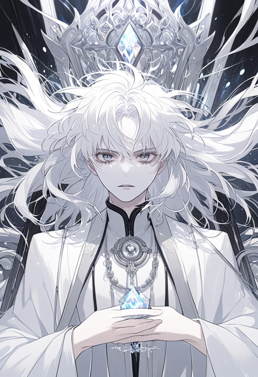  a man, portraits,  big, messy hair ,  shiny pure white hair ,  hair with silver reflections ,  long hair,  appearance of a divine being ,  feeling of emptiness ,  black eyes,  Iris like the Abyss ,  pupils like diamonds ,  Glitter in the eyes,  concentric circles in the pupils silver color ,  beautiful face, beautiful mouth,  eyebrows like swords , broad chest, muscles,  wide shoulders , creamy white skin ,  simple black imperial robe with intricate gray silver ornaments,  bare feet,  chest opening ,  feeling of a mystical being ,  sitting on throne ,  Giant Crystal Throne , A Throne Room ,  with an arrogant posture 