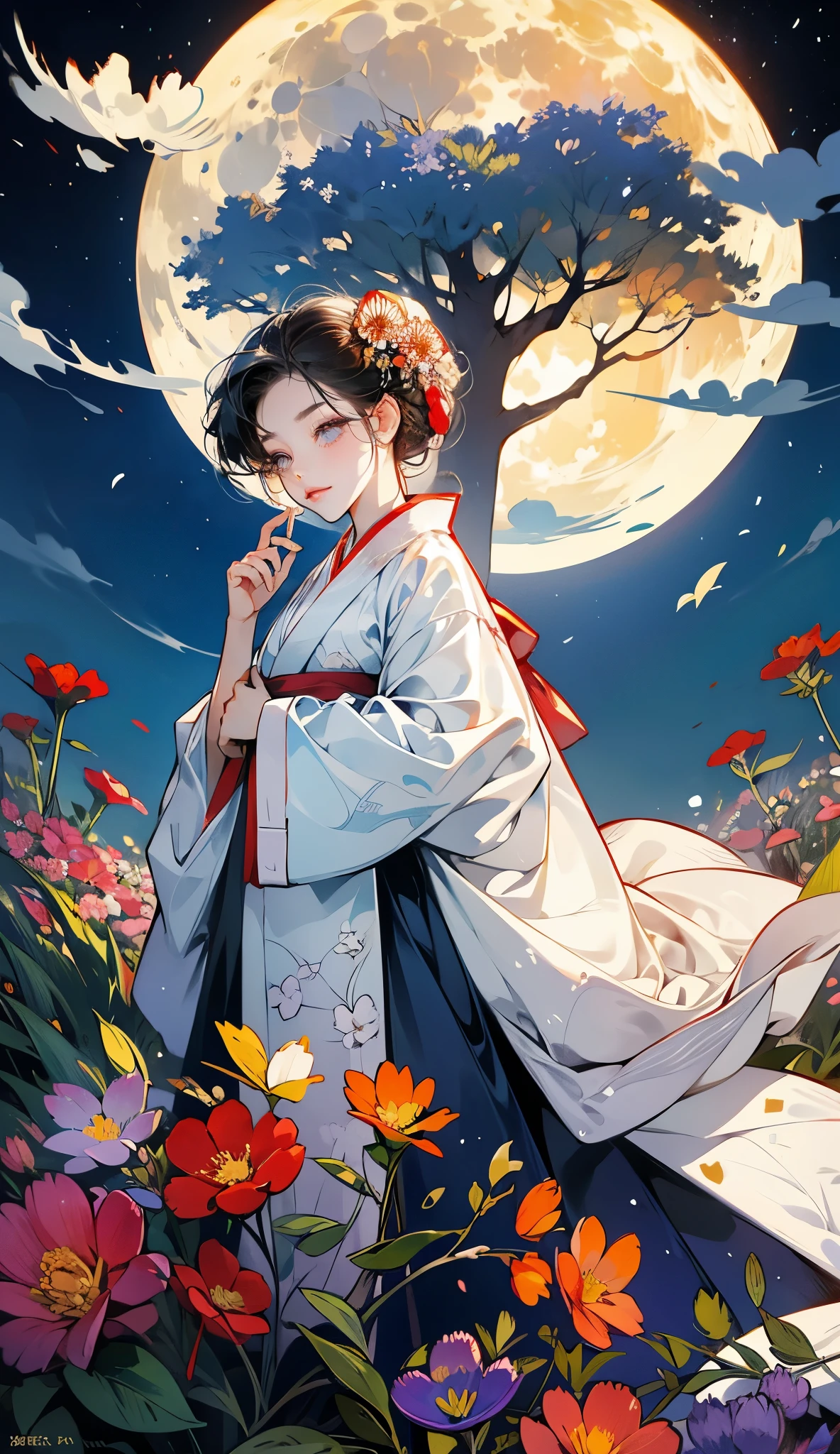 best quality, high_resolution, distinct_image, detailed background ,girl, hanbok,flower,garden,moon, night,