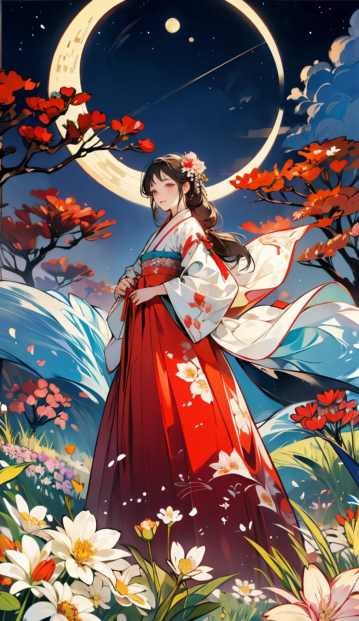 best quality, high_resolution, distinct_image, detailed background ,girl, hanbok,flower,garden,moon, night,