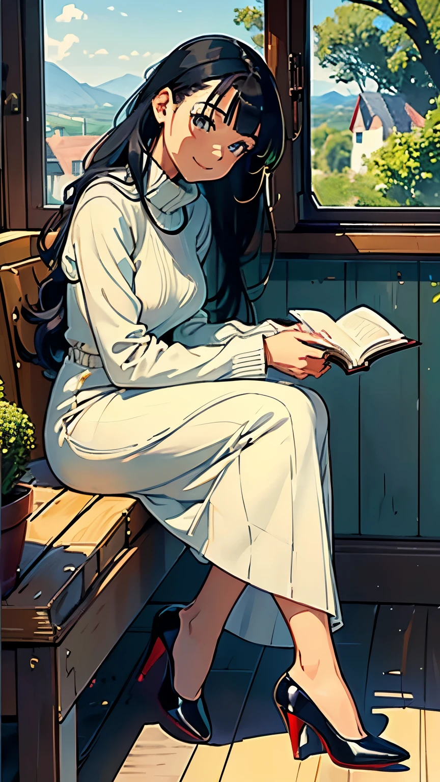 ((masterpiece, high resolution, better quality, better details)), ((Smiling)), ((one girl)) a girl speaking on the phone at a desk, full body, wearing a button-up blouse and wide-leg trousers, ((Louboutin high heels)), visible high heels, green eyes, ((black hair, long hair)), shiny skin, ((behind view)), solo, from behind, full body, focus full body, business casual, surrounded by office supplies