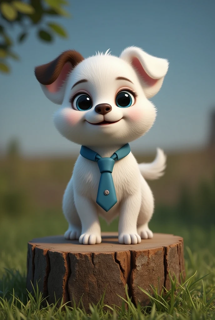 33D, disney pixar style, A happy, white male shih tzu puppy with some brown spots on his ears, tail and eye and wearing a little blue tie left standing on top of a rock and propped up on a tree trunk in a green garden, surrounded by low grass and with a gentle breeze swaying his tail. The Shih Tzu stands happily, under a bright blue sky with few clouds 