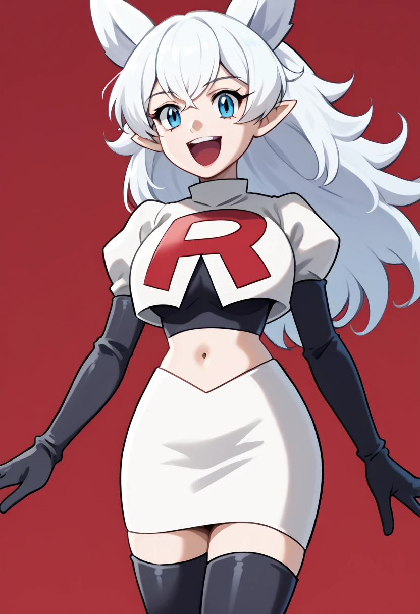 score_9, score_8_up, score_7_up, source_anime, solo, 1girl, lv2fenrys, happy, looking at viewer, open mouth, white hair, large hair, animal ears, pointy ears, team rocket,team rocket uniform,white skirt,red letter R,crop top,black thigh-highs,black elbow gloves, large breasts,  