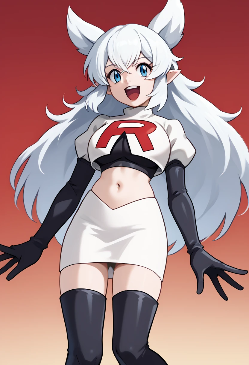 score_9, score_8_up, score_7_up, source_anime, solo, 1girl, lv2fenrys, happy, looking at viewer, open mouth, white hair, large hair, animal ears, pointy ears, team rocket,team rocket uniform,white skirt,red letter R,crop top,black thigh-highs,black elbow gloves, large breasts,  