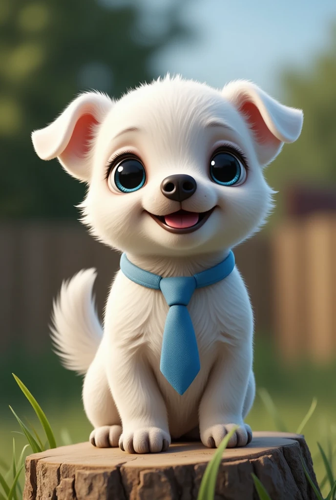 3D, disney pixar style, A happy, white male shih tzu puppy with some brown spots on his ears, tail and eye and wearing a little blue tie left standing on top of a rock and propped up on a tree trunk in a green garden, surrounded by low grass and with a gentle breeze swaying his tail. The Shih Tzu stands happily, under a bright blue sky with few clouds 