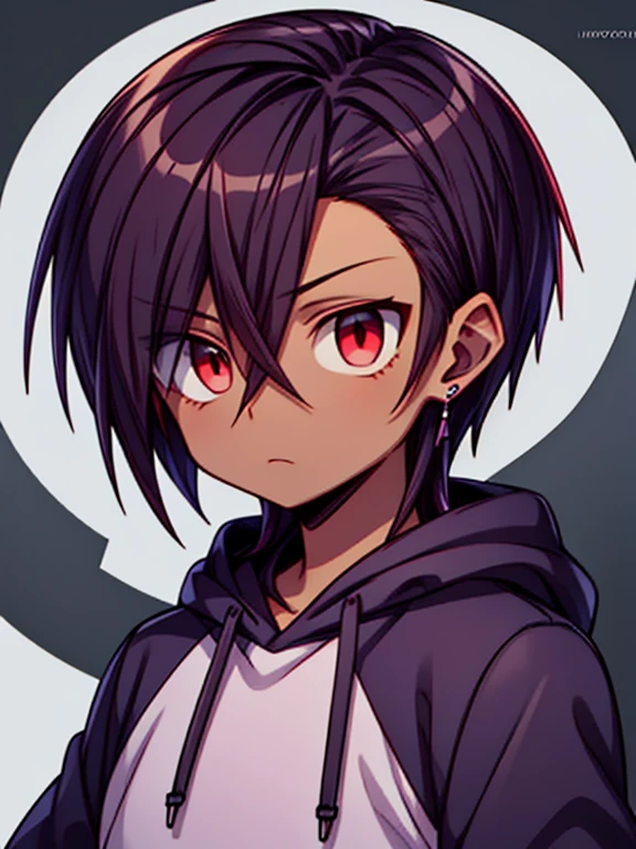 dark skin, male, medium dark brown hair, big red eyes and a very  androgynous face, wearing a black hoodie,