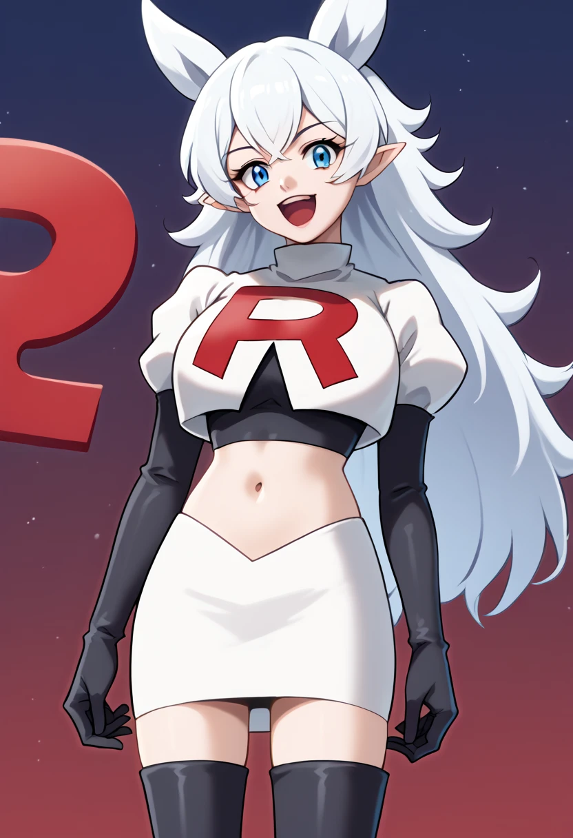 score_9, score_8_up, score_7_up, source_anime, solo, 1girl, lv2fenrys, happy, looking at viewer, open mouth, white hair, large hair, animal ears, pointy ears, team rocket,team rocket uniform,white skirt,red letter R,crop top,black thigh-highs,black elbow gloves, large breasts,  