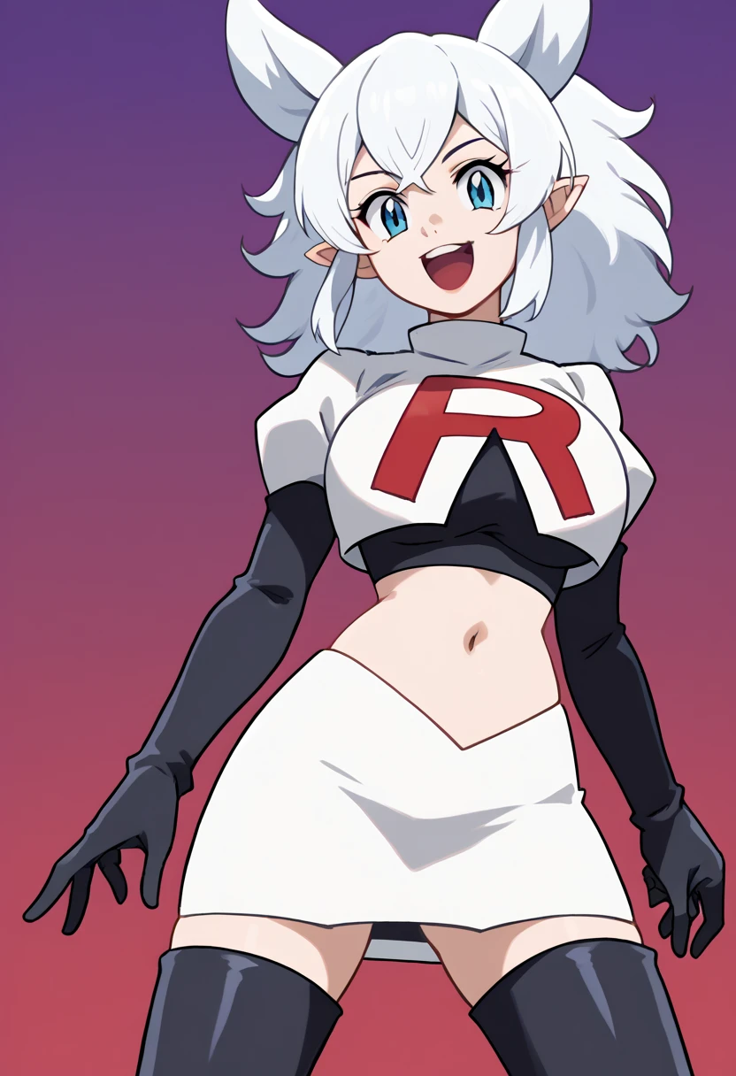 score_9, score_8_up, score_7_up, source_anime, solo, 1girl, lv2fenrys, happy, looking at viewer, open mouth, white hair, large hair, animal ears, pointy ears, team rocket,team rocket uniform,white skirt,red letter R,crop top,black thigh-highs,black elbow gloves, large breasts,  