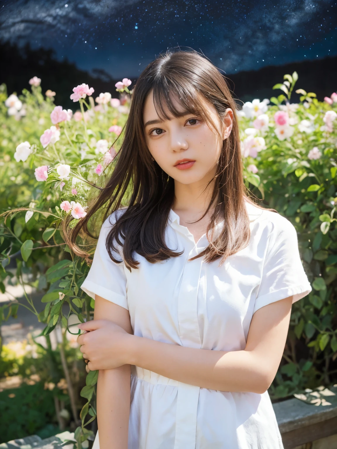 top quality, expensive_resolution, clear_image, detailed background, girl, flower, garden, starry sky ,