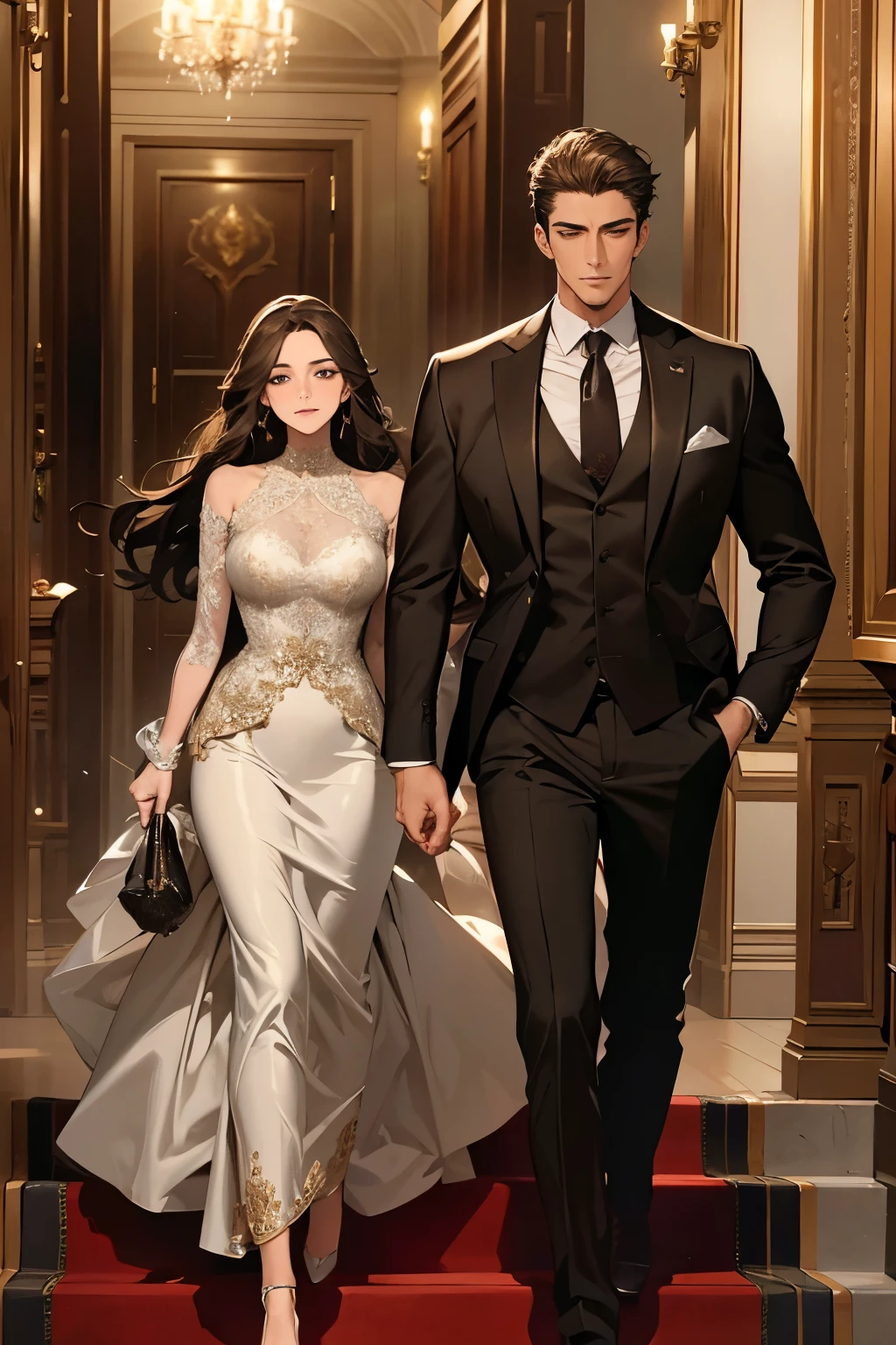 ((best quality)), ((masterpiece)), (detailed), A handsome man in a brown gray suit,A bodyguard in dark clothes,Two people walked up the stairs of the villa to the living room,Perfect face perfect hands