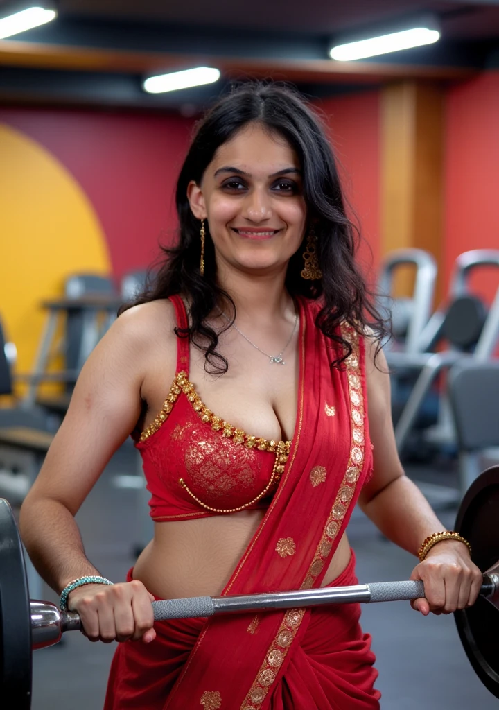 "Create an image of a stylish Indian hot bhabhi in a sari outfit, lifting weights in a vibrant, energetic gym environment. She should exude confidence and strength, showcasing a dynamic workout pose. Indicating hotness and her age is 35 years having big boobs. Where a 20 year boy seeing her hotness 