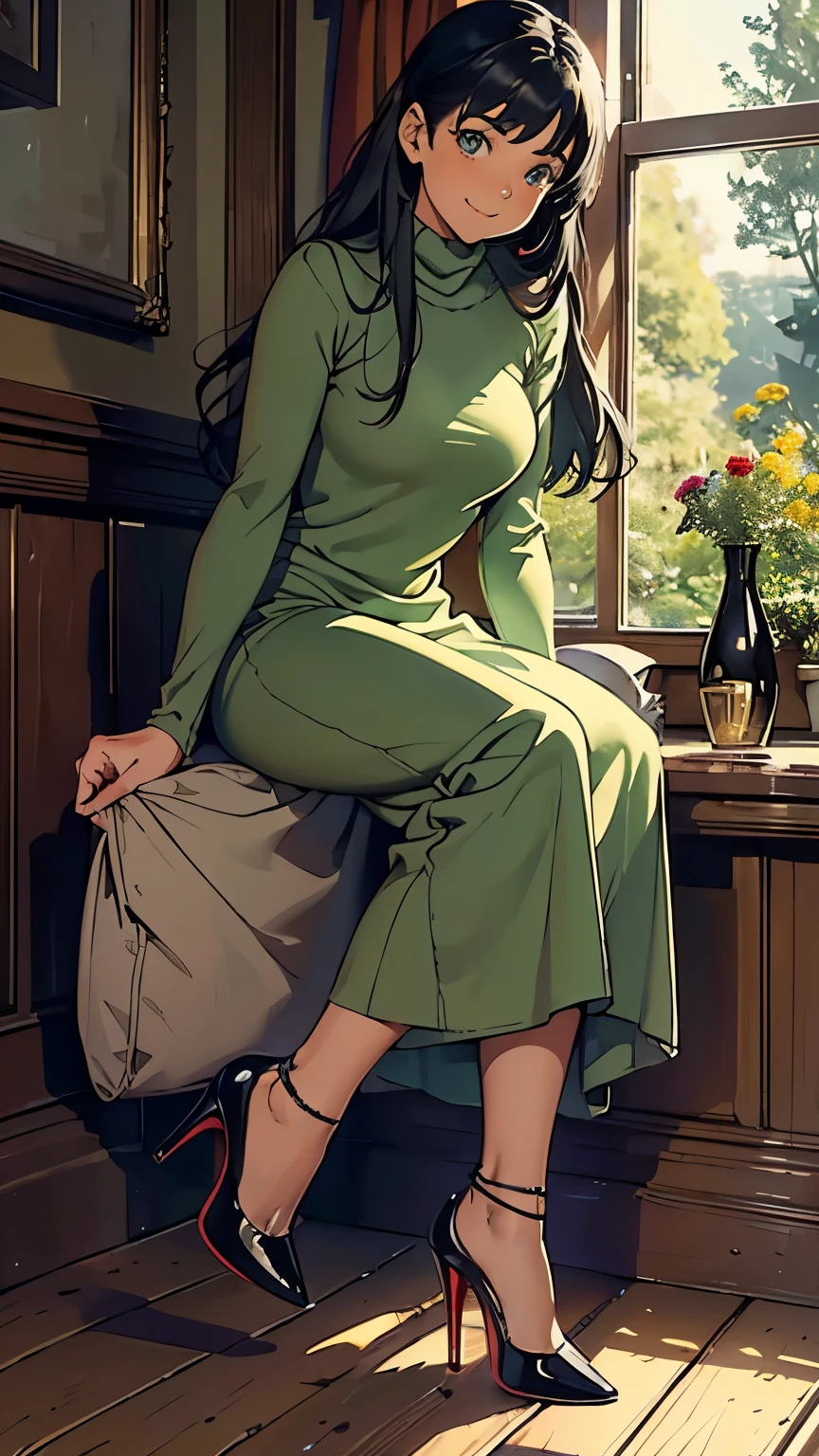 ((masterpiece, high resolution, better quality, better details)), ((Smiling)), ((one girl)) a girl speaking on the phone at a desk, full body, wearing a button-up blouse and wide-leg trousers, ((Louboutin high heels)), visible high heels, green eyes, ((black hair, long hair)), shiny skin, ((behind view)), solo, from behind, full body, focus full body, business casual, surrounded by office supplies