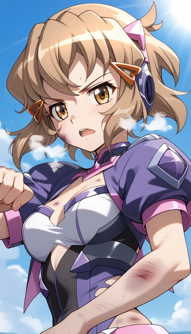  top quality ,  soft light during the cruise,  super high res,  cute, Beautiful face in every detail , high resolution details of human skin texture, shiny skin,sweat,Heat, white breath ,Take a deep breath,Hibiki Tachibana,Brown Hair, battle costume,Outdoor Arena,sunlight, serious eyes,Ready,Big eyes, Symphogear ,armed gear , open mouth ,Fighting pose,bruised body, hair ornament, torn clothes ,Short Hair,