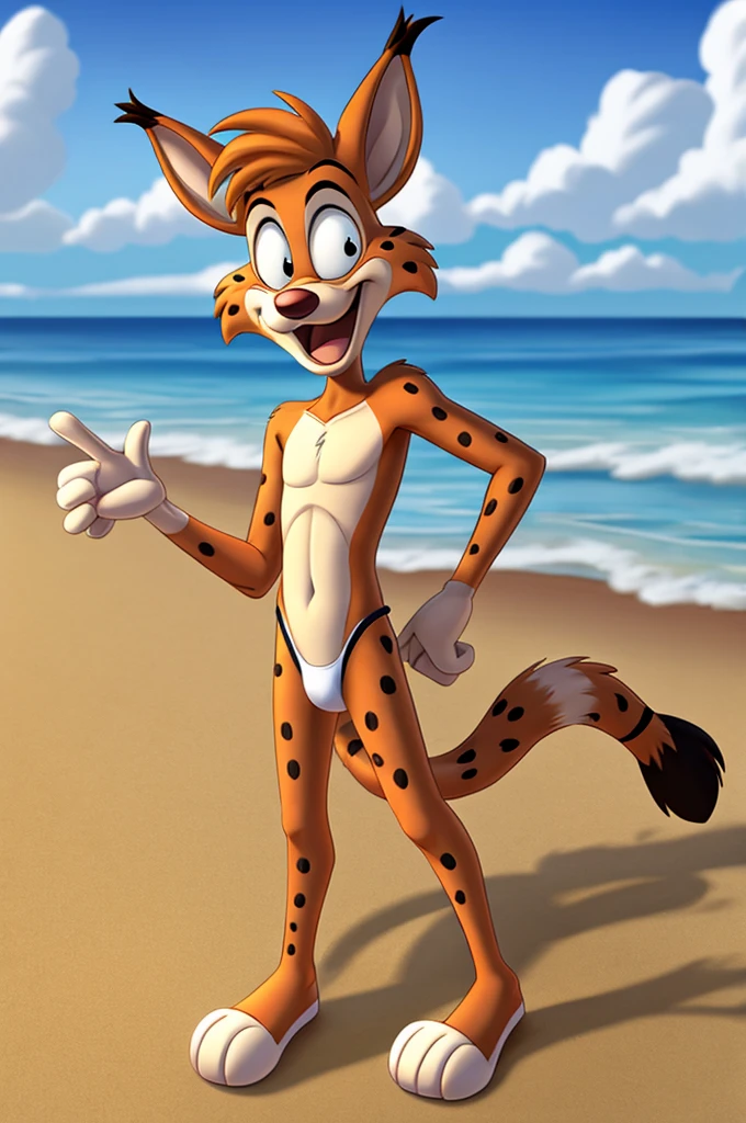 Lynx cartoon guy full length slim skinny in red speedo on the beach with a happy face striped tail