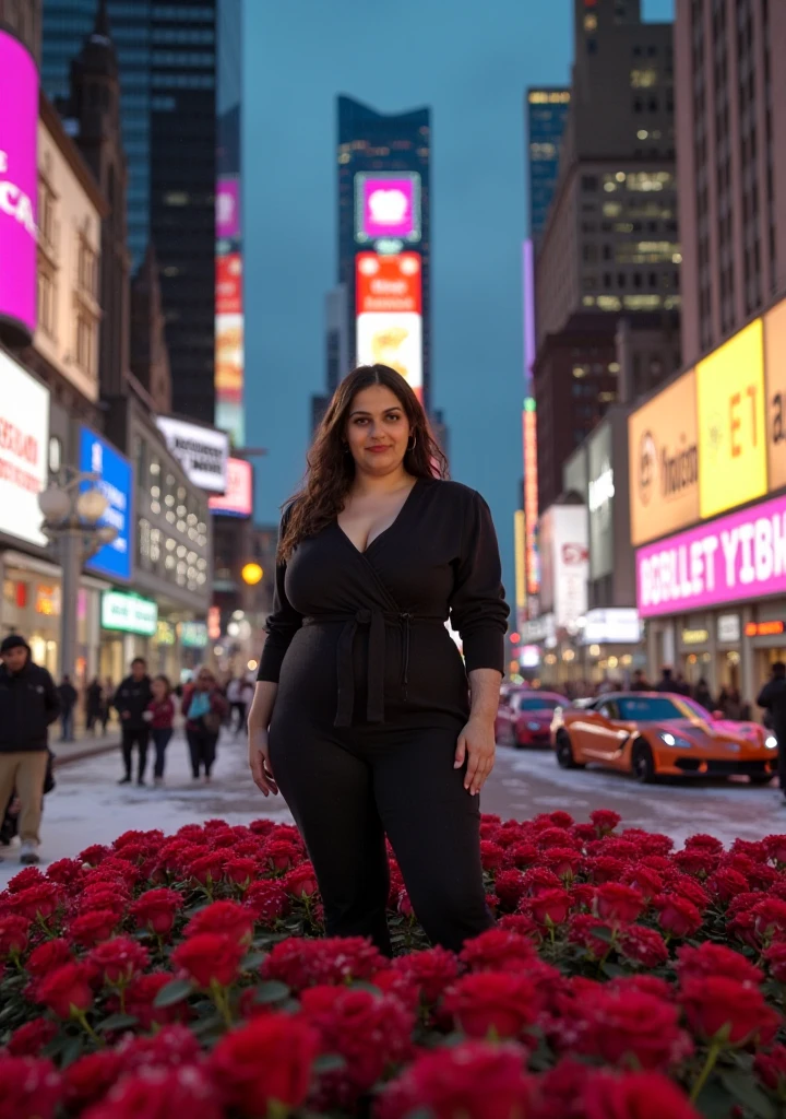 A curvy mature woman stand in the front of USA Famous places with light brown hair with  evening with many roses with snow with many people and sports carssroundin in the road 