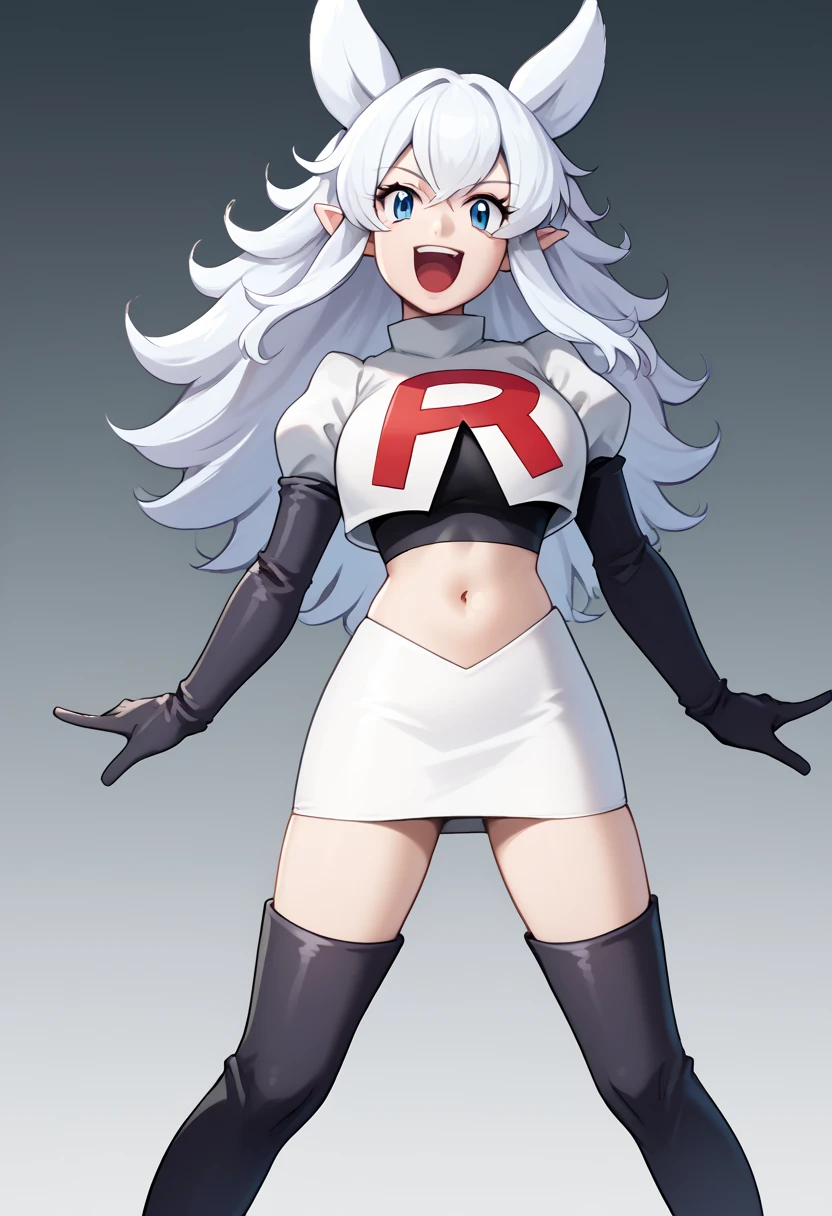 score_9, score_8_up, score_7_up, source_anime, solo, 1girl, lv2fenrys, happy, looking at viewer, open mouth, white hair, large hair, animal ears, pointy ears, team rocket,team rocket uniform,white skirt,red letter R,crop top,black thigh-highs,black elbow gloves, large breasts,  