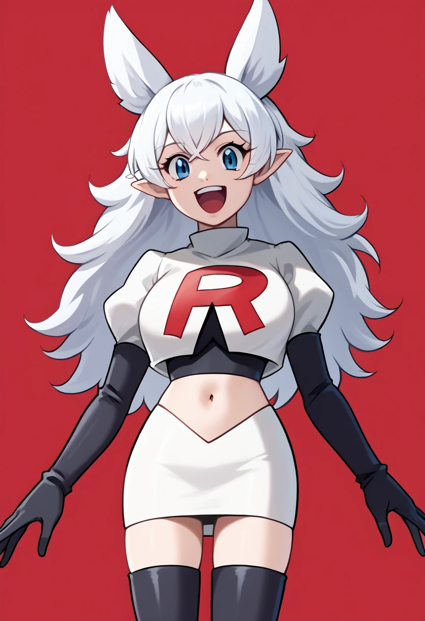 score_9, score_8_up, score_7_up, source_anime, solo, 1girl, lv2fenrys, happy, looking at viewer, open mouth, white hair, large hair, animal ears, pointy ears, team rocket,team rocket uniform,white skirt,red letter R,crop top,black thigh-highs,black elbow gloves, large breasts,  