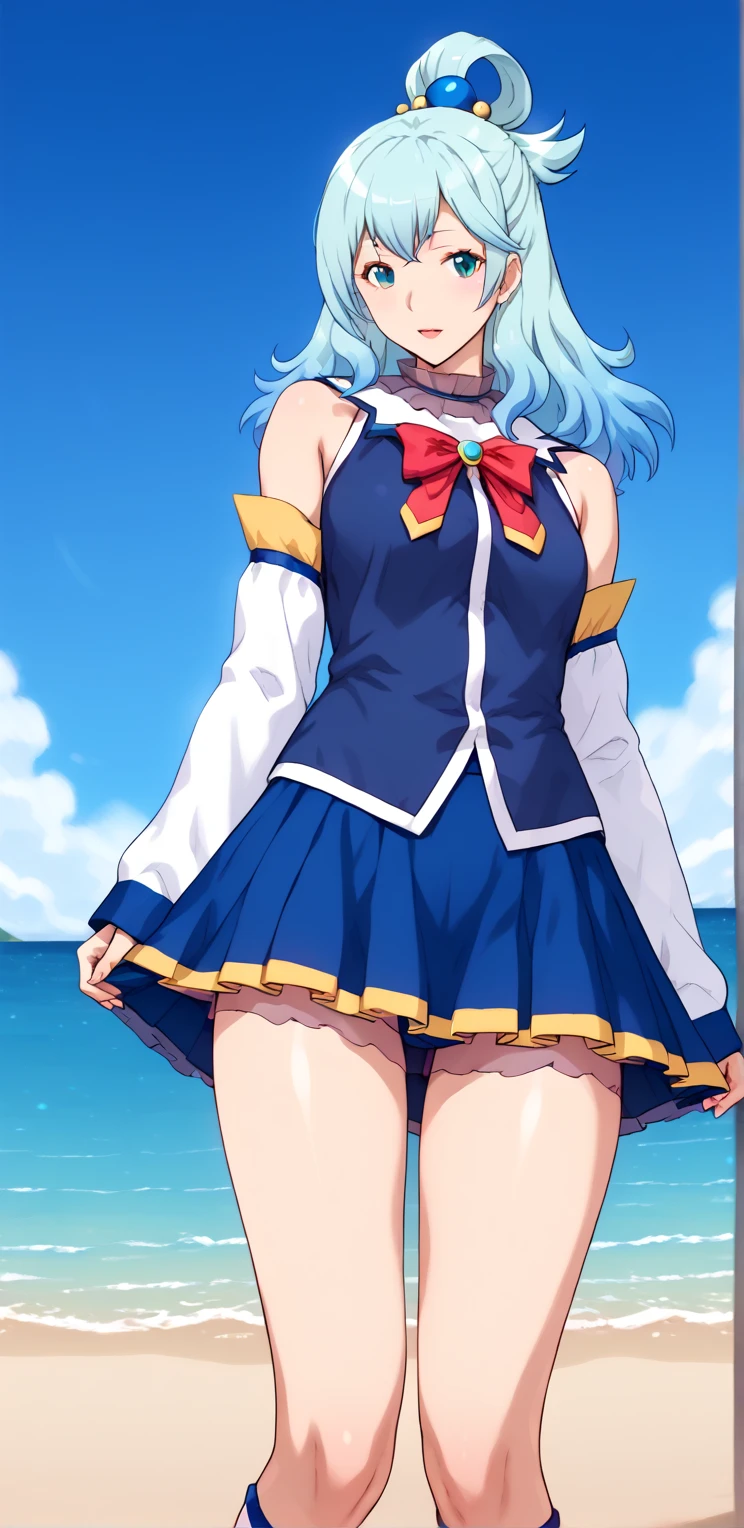 Megumi :    On the beach standing in the sand  .cosplay aqua, aqua (konosuba) (cosplay), skirt, shirt, knee-high, bare shoulders, loose sleeves, knee-high brancas, skirt azul, shirt azul, red bow 