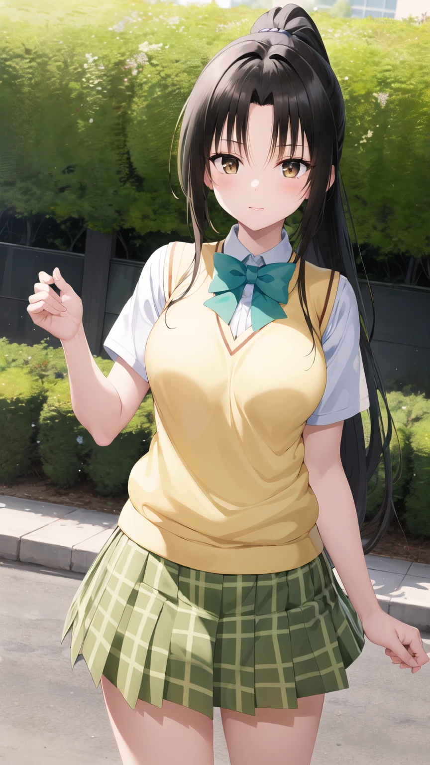 masterpiece, best quality, highres, 1girl, solo, long hair, black hair, ponytail, parted bangs, brown eyes, school uniform, green bowtie, white shirt, short sleeves, sweater vest, yellow vest, plaid skirt, green skirt, standing, cowboy shot, outdoors