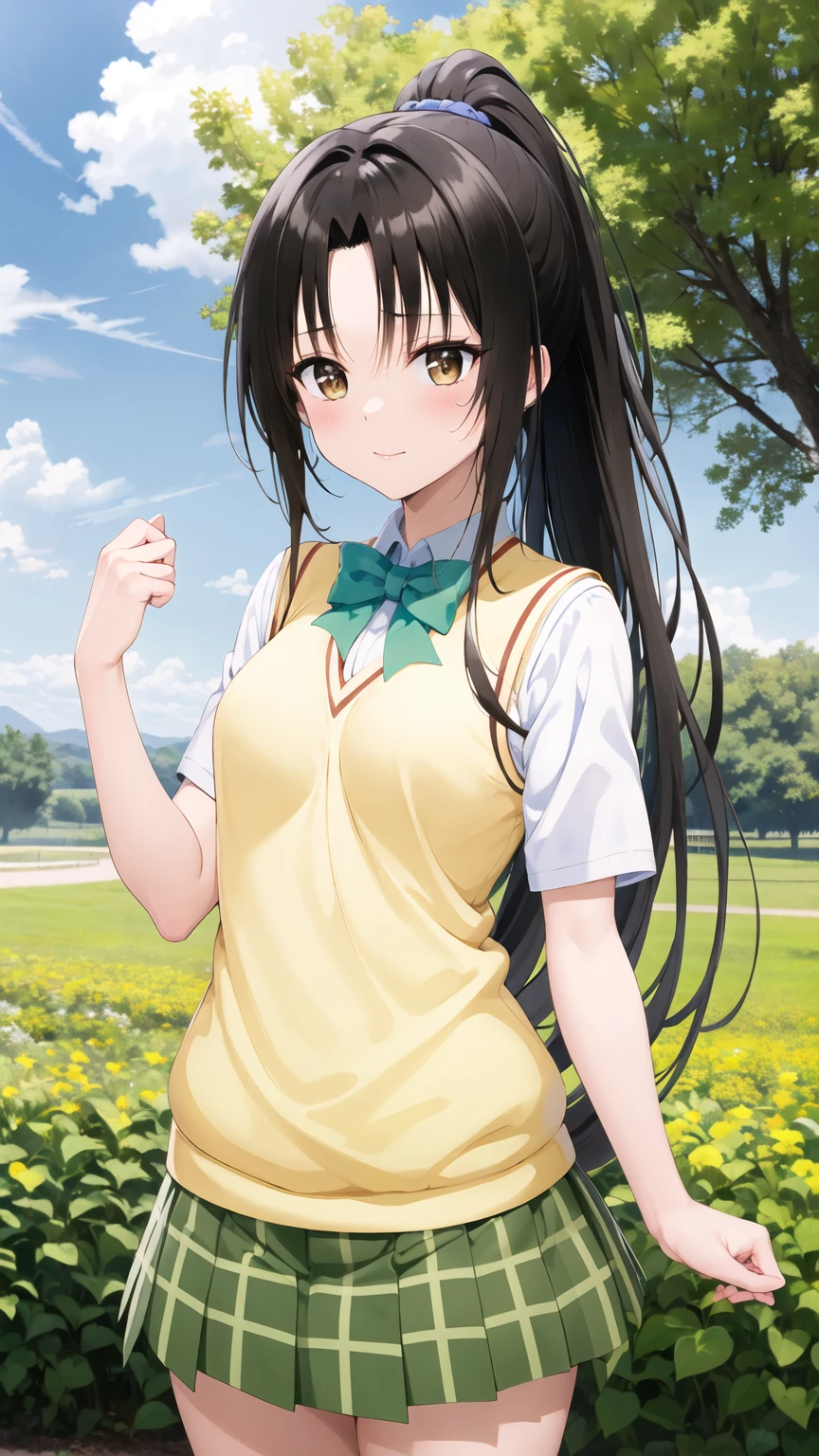 masterpiece, best quality, highres, 1girl, solo, long hair, black hair, ponytail, parted bangs, brown eyes, school uniform, green bowtie, white shirt, short sleeves, sweater vest, yellow vest, plaid skirt, green skirt, standing, cowboy shot, outdoors