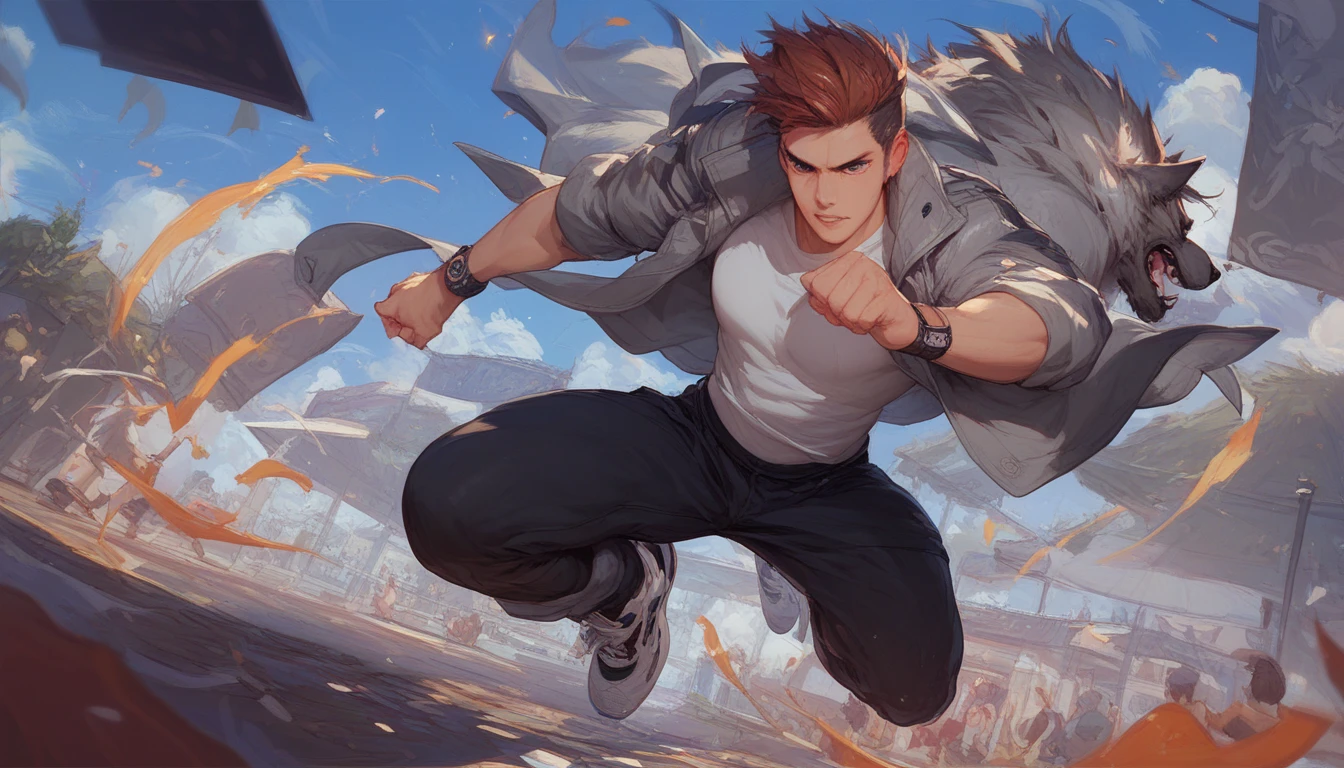 wolf in gray jacket dark pants running parkour jumping on a table in the background Japanese stage serious expression and better determination