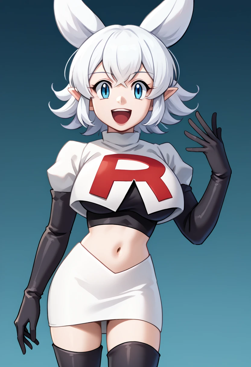 score_9, score_8_up, score_7_up, source_anime, solo, 1girl, lv2fenrys, happy, looking at viewer, open mouth, white hair, large hair, animal ears, pointy ears, team rocket,team rocket uniform,white skirt,red letter R,crop top,black thigh-highs,black elbow gloves, large breasts,  