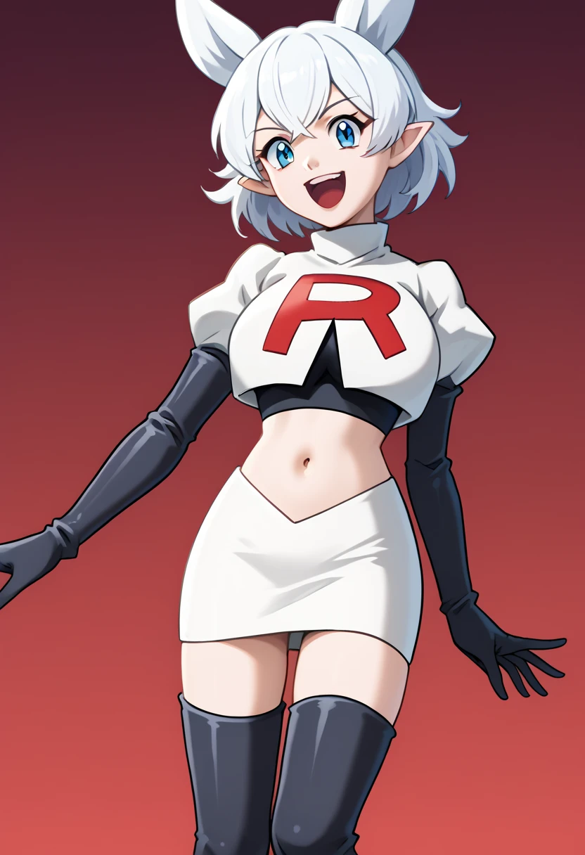 score_9, score_8_up, score_7_up, source_anime, solo, 1girl, lv2fenrys, happy, looking at viewer, open mouth, white hair, large hair, animal ears, pointy ears, team rocket,team rocket uniform,white skirt,red letter R,crop top,black thigh-highs,black elbow gloves, large breasts,  