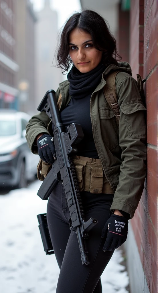 realistic, full body shot, photography, Tom Clancy's The Division game, military woman, short dark brown hair, military mercenary outfit in camouflage city colours consisting of black denim combat trousers and t-shirt and camo winter jacket and arafat around the neck and on on head and military gloves, armed, gun at belt, huge automatic riffle in hand, military backpack on the back with found items,  larger bust, athletic, dirty, sweaty hairs, no make-up, perfect body proportions, beautiful and dangerous, eye-catching, hides from the enemy behind a corner of a building, light steam from the mouth,  snowstorm, A closed and contaminated winter in New York, empty snowy streets, frosty, an apocalyptic vision of a snowy world overrun by a virus, 8k, ultr-detailed, hiper-realistic, shallow depth of view, focus on woman, snowy scenery