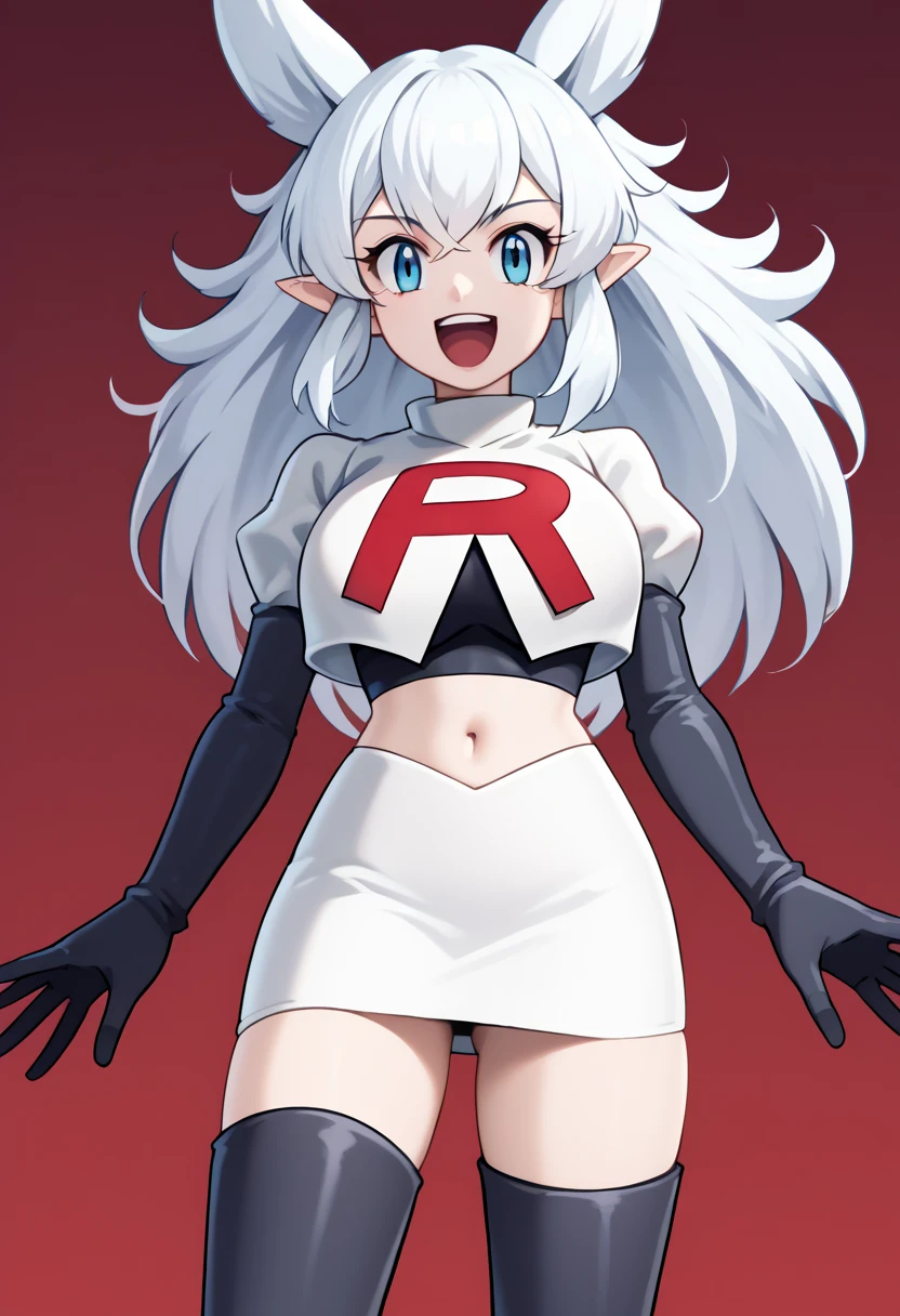 score_9, score_8_up, score_7_up, source_anime, solo, 1girl, lv2fenrys, happy, looking at viewer, open mouth, white hair, large hair, animal ears, pointy ears, team rocket,team rocket uniform,white skirt,red letter R,crop top,black thigh-highs,black elbow gloves, large breasts,  