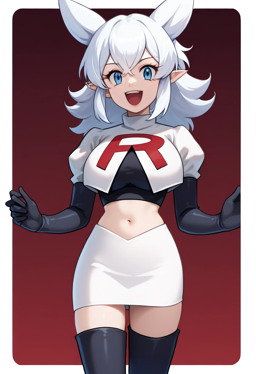 score_9, score_8_up, score_7_up, source_anime, solo, 1girl, lv2fenrys, happy, looking at viewer, open mouth, white hair, large hair, animal ears, pointy ears, team rocket,team rocket uniform,white skirt,red letter R,crop top,black thigh-highs,black elbow gloves, large breasts,  