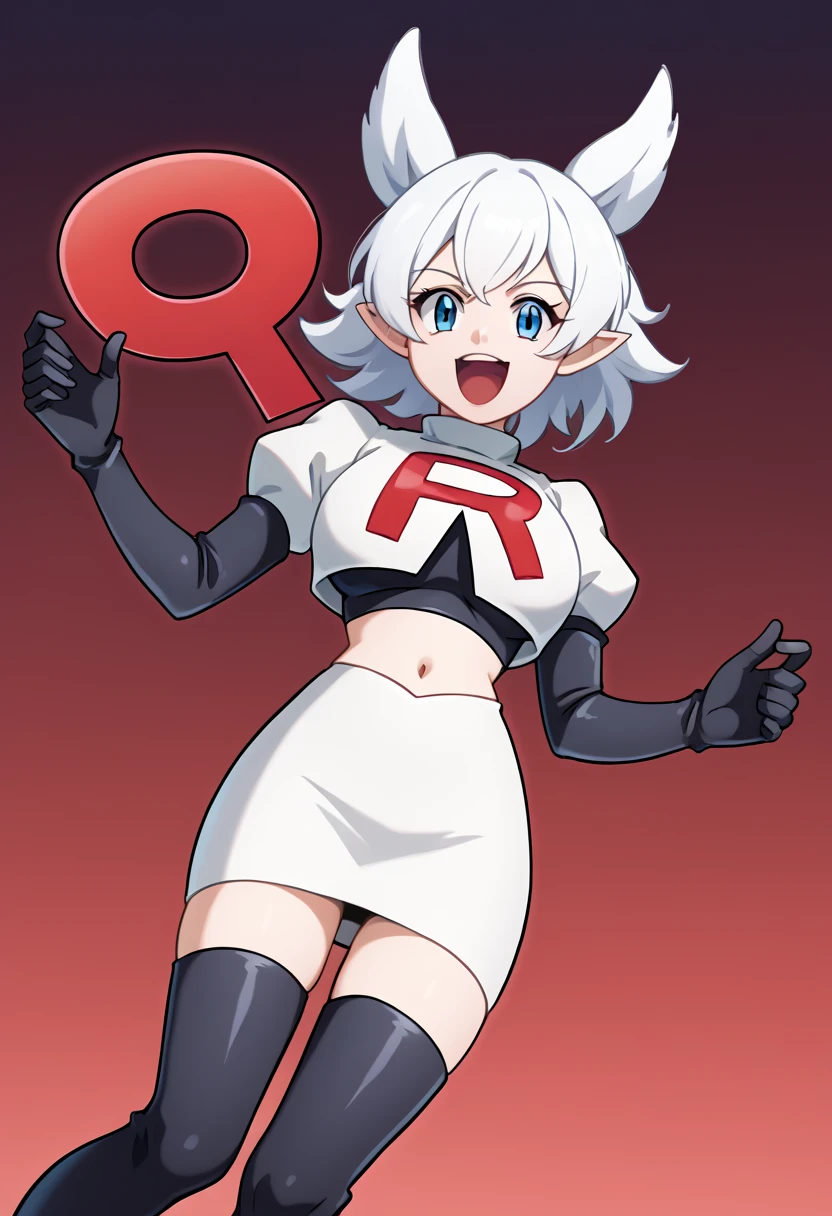 score_9, score_8_up, score_7_up, source_anime, solo, 1girl, lv2fenrys, happy, looking at viewer, open mouth, white hair, large hair, animal ears, pointy ears, team rocket,team rocket uniform,white skirt,red letter R,crop top,black thigh-highs,black elbow gloves, large breasts,  